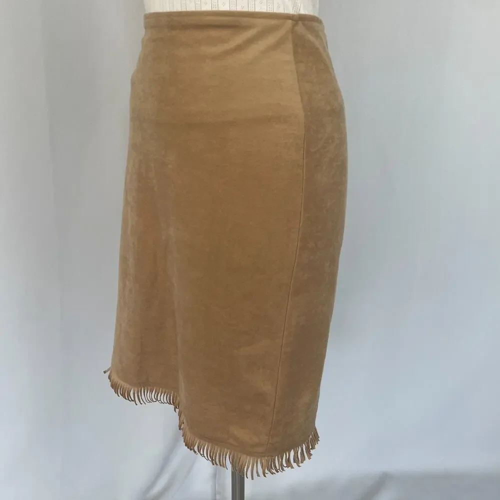 Vintage Pencil Skirt Large Tan Brown Faux Suede Fringe Boho Stretch Rodeo Y2K